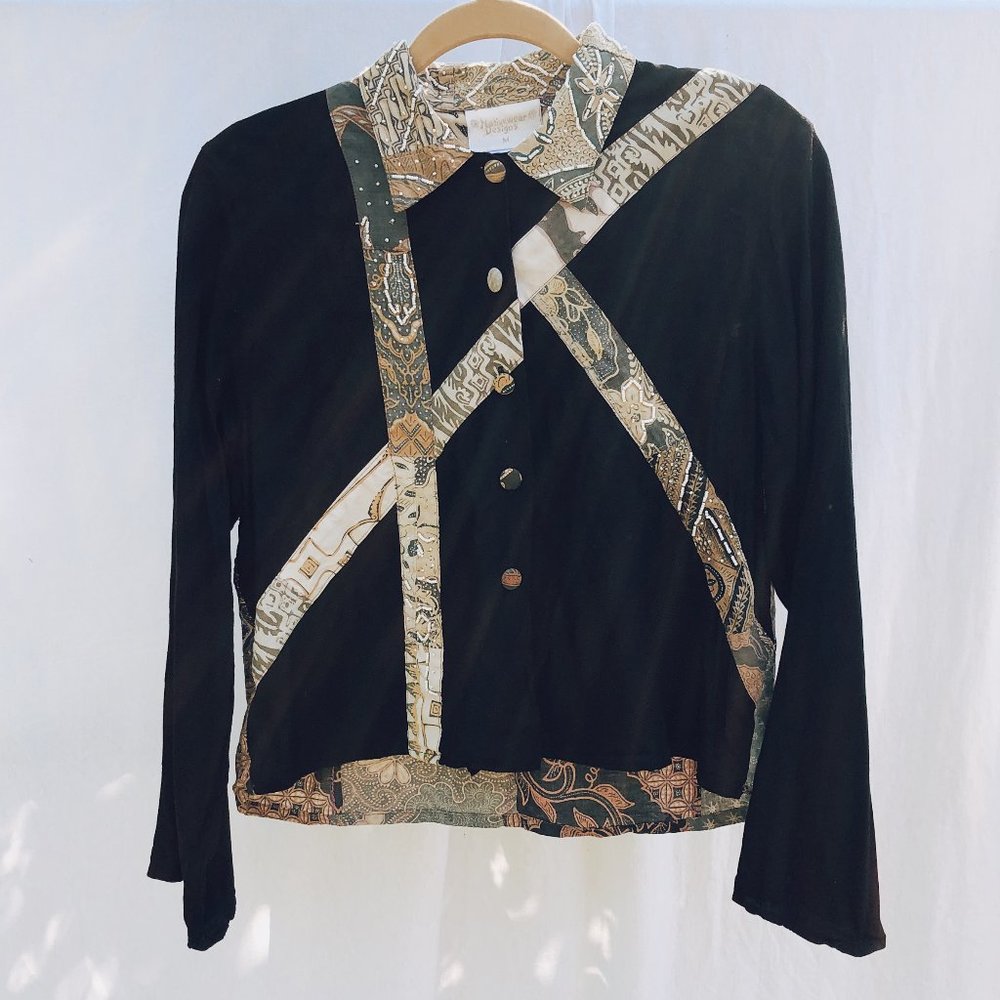 Black pattern shirt with beading and patchwork